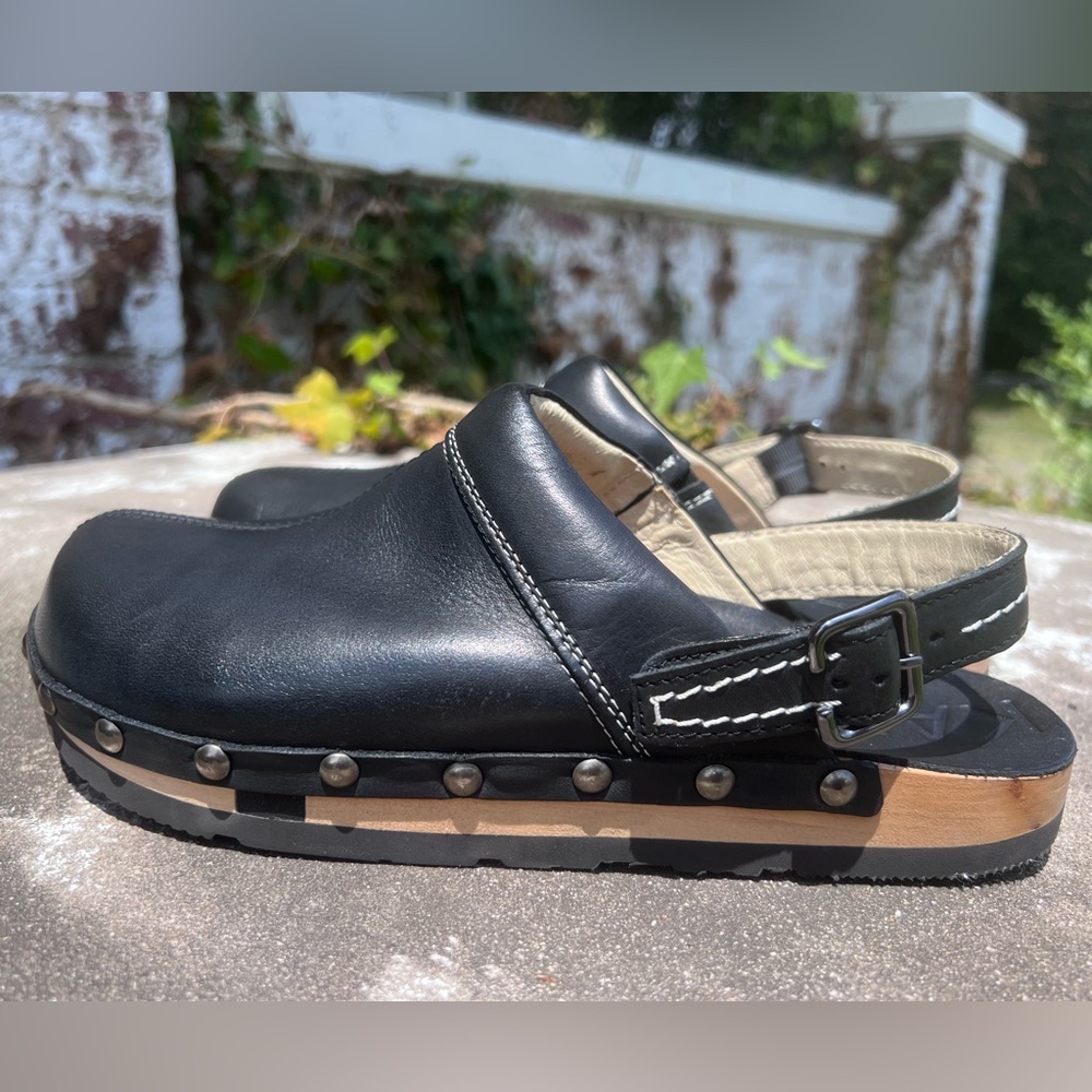 Kalso Earth Shanti Black Leather & Wood Slip Clogs Mules Negative Heel Sz 7 NWOB - Picture 4 of 13